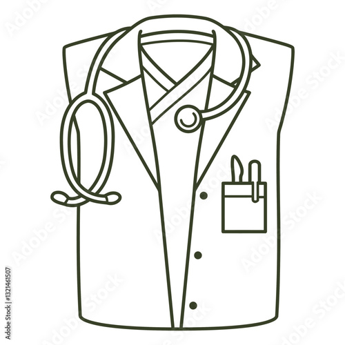 Medical Attire: A clean, simple, and line art style of a doctor's coat with stethoscope, evokes feelings of trust and care. It's an illustration, perfect for healthcare related media.