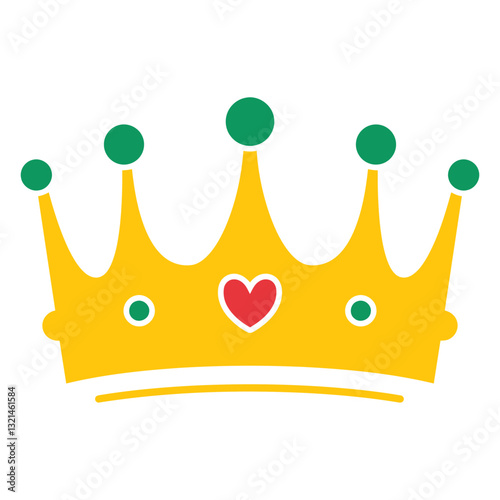 Royal Crest: A minimalist illustration of a golden crown, adorned with green orbs and a central heart, embodying regality and charm.