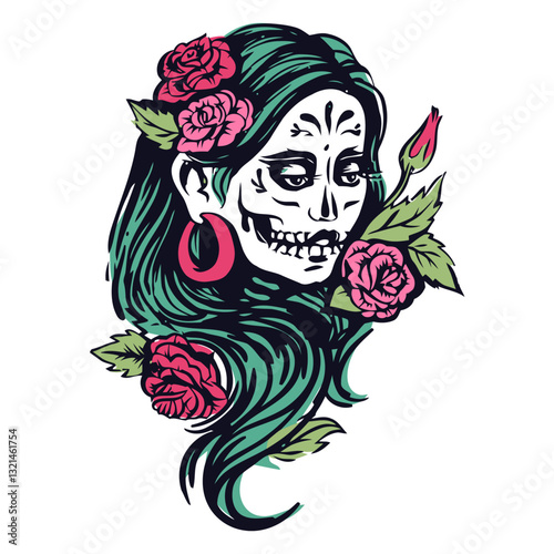 Day of the Dead art: Captivating illustration of a beautifully adorned female skull, a striking symbol of life and remembrance. A unique Day of the Dead artistic representation.