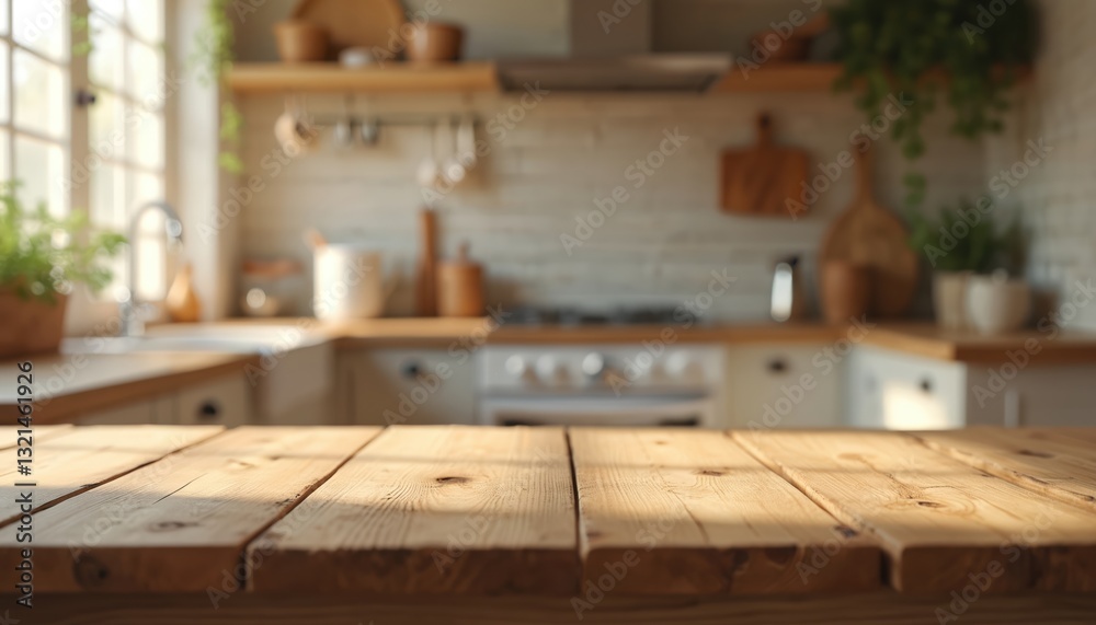 Rustic wooden table against blurred kitchen. Smooth finish tabletop, perfect for mockups, product displays, design layouts. Inviting versatile space. Modern light interior. Sun rays through window. Rustic wooden table against blurred kitchen. Smooth finish tabletop, perfect for mockups, product displays, design layouts. Inviting versatile space. Modern light interior. Sun rays through window.