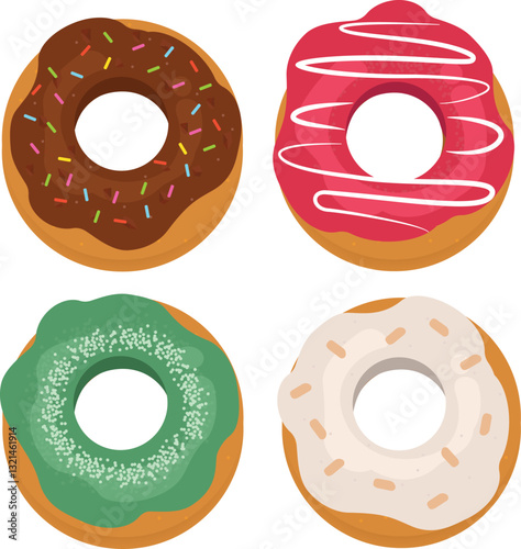 Various soft textured donut deserts with four flavors, delicious donut snacks, donut cartoons with a flat style.