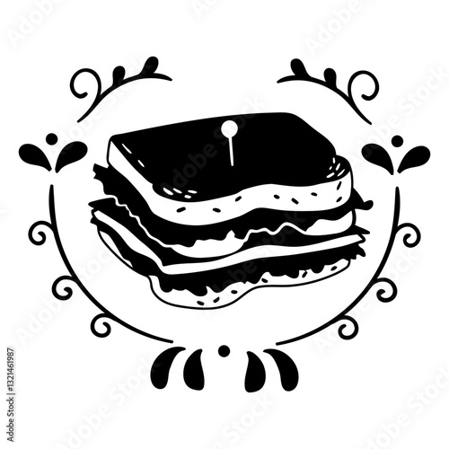 Gourmet Sandwich Graphic: An exquisite, detailed line art illustration of a stacked gourmet sandwich, meticulously framed within an elegant, decorative border.
