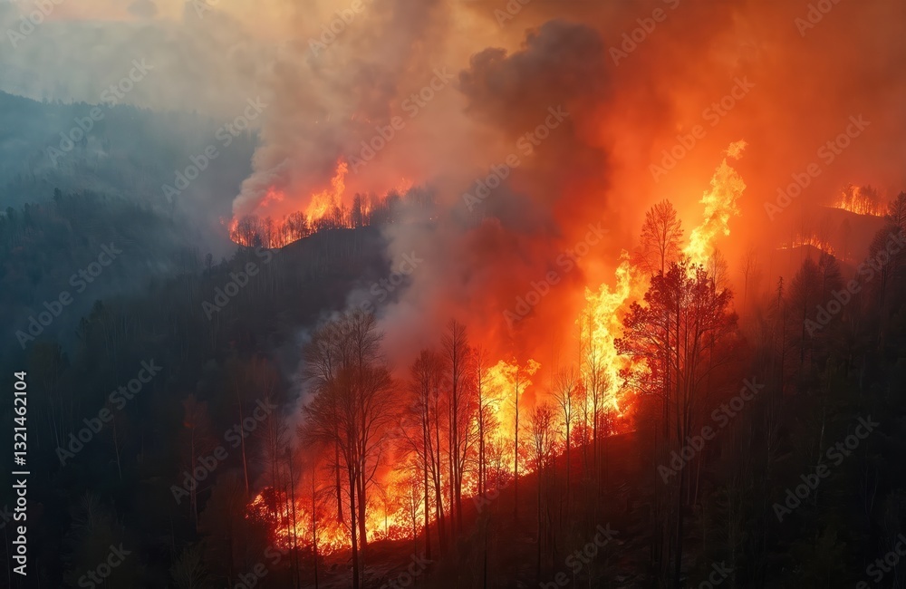 Obraz premium Wildfire burns forest hillside. Flames engulf trees in red, orange color. Smoke fills the air. Natural disaster threatens ecosystem. Forestry faces extreme danger from seasonal warming.