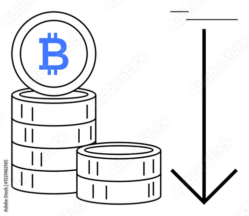 Stacks of coins with Bitcoin logo alongside bold downward arrow indicating decrease. Ideal for cryptocurrency, finance, market trends, investment, economics, volatility, money. Clean flat simple