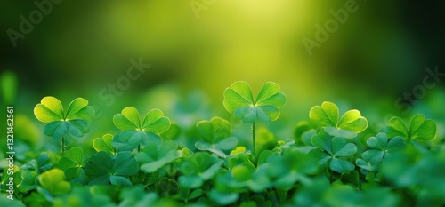 Shamrocks and Clover in a Lush Green Field with Soft Bokeh, Natural Sunlight, and Vibrant Atmosphere for St. Patrick's Day Celebration