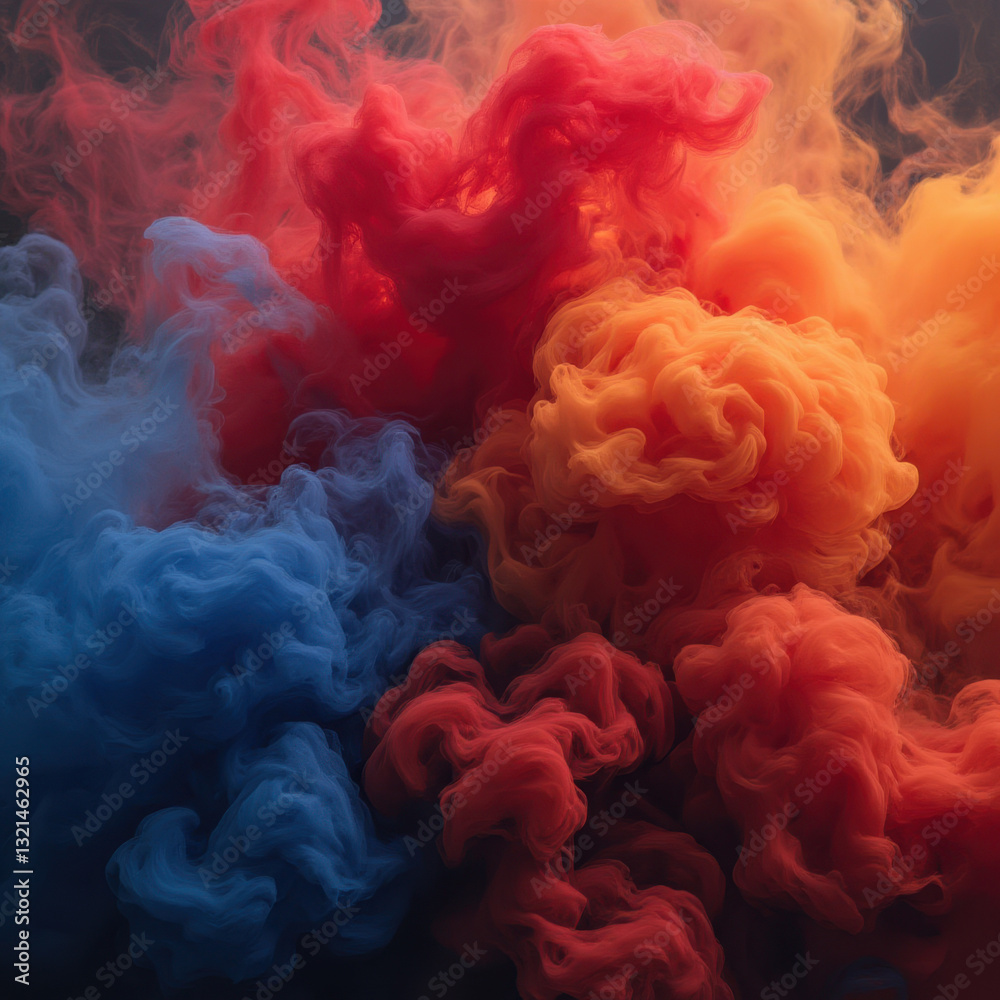 Obraz premium Colorful smoke swirling, vibrant red and blue hues blending artistically in an abstract display, dynamic visual impact.