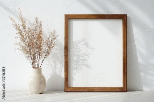 Minimalistic Wooden Frame Mockup with Dried Flowers on White Wall for Art and Photo Presentation