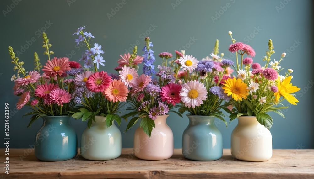 Fototapeta premium Colorful wildflower bouquets arranged in small vases showcase blossom from country meadows. Home decor. Floral arrangement wallpaper on wooden table. Interior design element brings natural beauty.