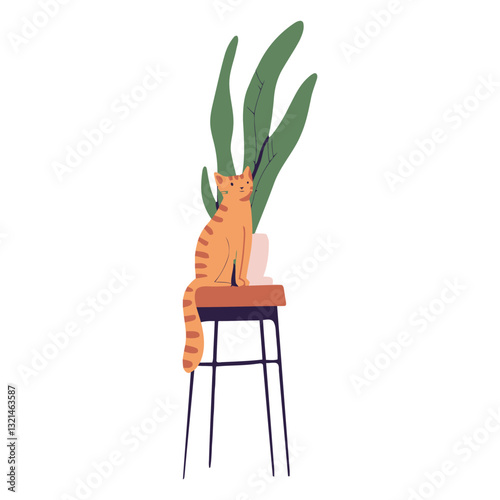 Cozy Cat and Plant Scene: An illustration of a cute orange cat with a plant, The cat is sitting calmly on a little stool, enjoying a sunny spot in the room. 