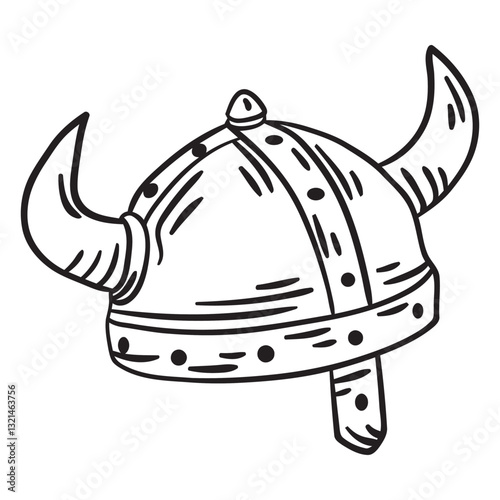 Viking Helmet: A minimalist illustration of a classic Viking helmet, featuring iconic curved horns and a structured metal design, representing historical bravery and cultural heritage.