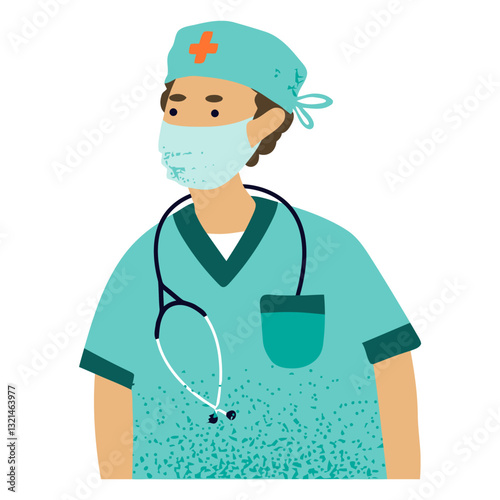 Medical professional in Action: A dedicated medical professional, donned in scrubs and a protective mask, embodies compassion and expertise, ready to provide care and comfort.