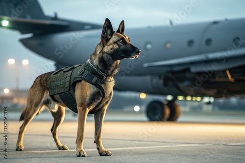 Military working dog standing guard at airfield tactical scene high alert environment ground level view security concept
