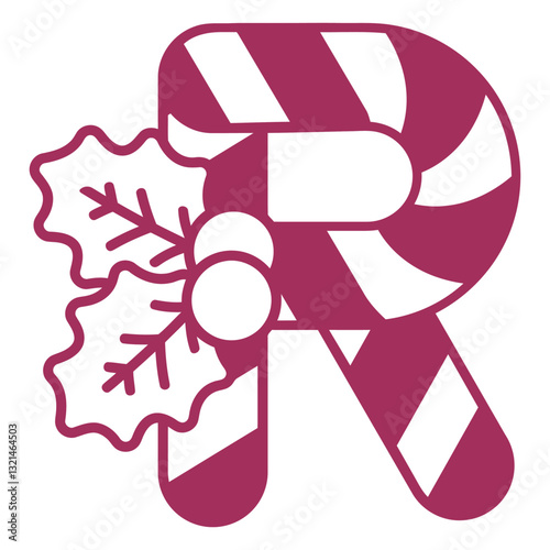Festive "R" Graphic: A creatively designed letter "R", adorned with a candy cane, and festive holly, creating a cheerful illustration, perfect for the holiday season.