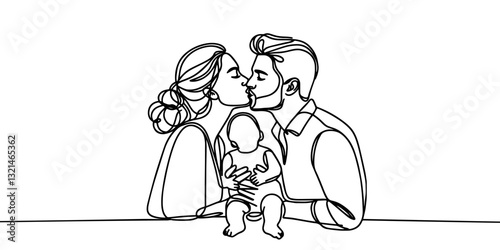  Single continuous line drawing parents kissing their little girl on her cheeks. Adorable child with an innocent expression. National children's day. One line draw graphic design vector illustration