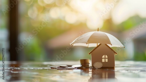 Wallpaper Mural Model of umbrella with house and coins on wooden table concept of the system of insurance savings and the cost of health insurance  Torontodigital.ca