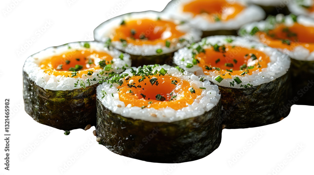 Sushi Delight: Fresh sushi rolls with vibrant orange center, perfectly capturing the taste and texture, ready to tantalize your taste buds Sushi Delight: Fresh sushi rolls with vibrant orange center, perfectly capturing the taste and texture, ready to tantalize your taste buds