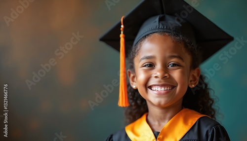 Portrait of cheerful African American young girl in kindergarten graduation cap, gown. Smiling schoolchild celebrates achievement, success, finishing preschool, elementary school. Photo education,