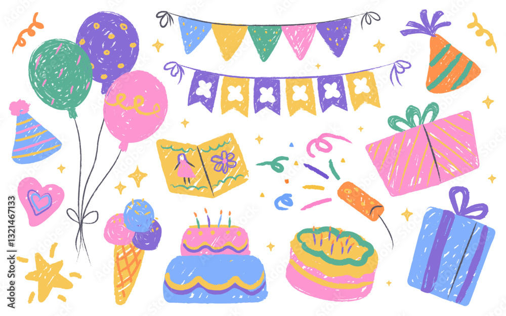 Happy birthday kids party event hand drawn colorful crayon decorative elements isolated set