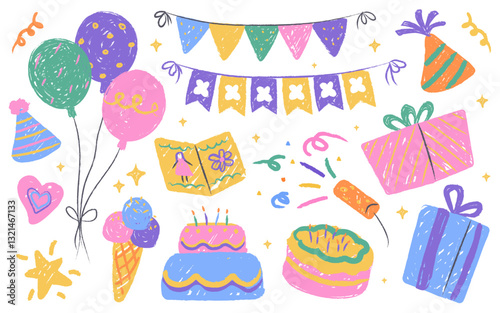 Happy birthday kids party event hand drawn colorful crayon decorative elements isolated set