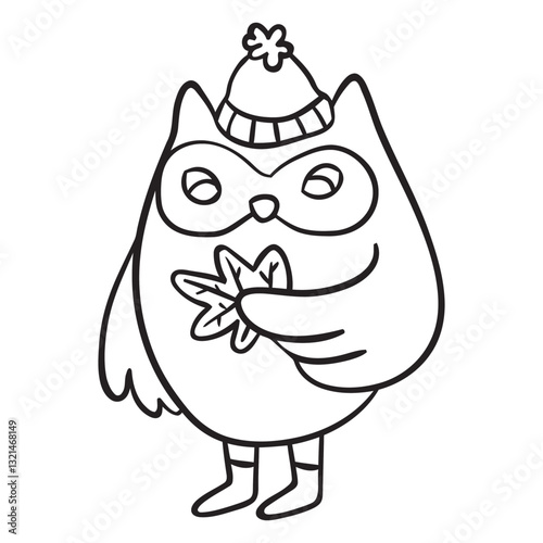 Cute Owl with Leaf and Winter Hat: A charming line drawing of an adorable owl figure adorned in a cozy winter hat, clutching a single leaf.