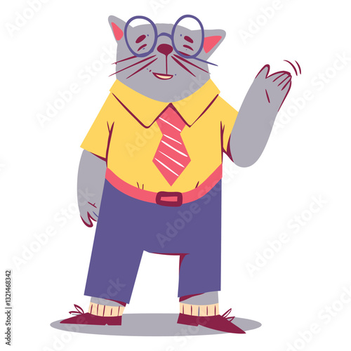 Professor Cat Welcomes You: An illustrated portrait of a charming cartoon cat, dapper in spectacles, a tie, and smart attire, extends a friendly gesture, inviting viewers into its playful world.