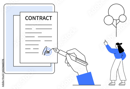 Hand holding pen signing contract on clipboard, with woman gesturing and minimal tree in background. Ideal for agreement, legal, business, decision-making, partnership, documentation, negotiation