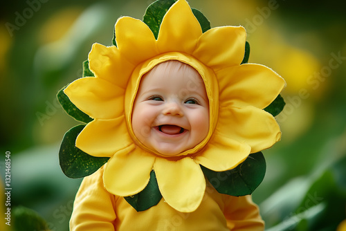 Sweet Little baby is dressed in a yellow flower outfit. The baby is smiling and looks happy.