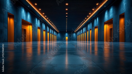 Modern Office Hallway with Dramatic Lighting and Sleek Finishing Touches