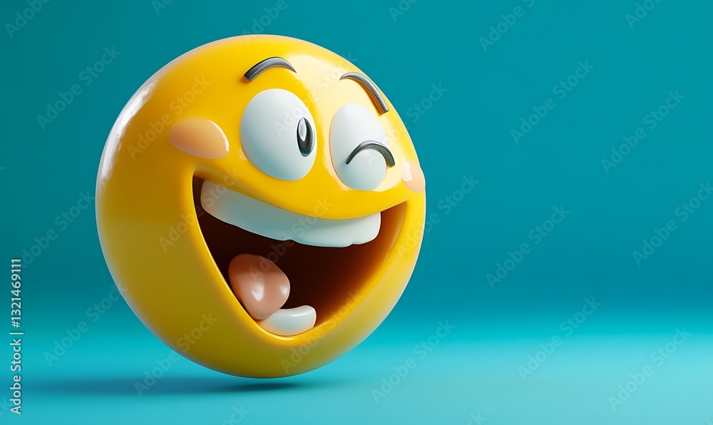 Fototapeta premium Smiling and winking yellow emoticon on a bright teal background
