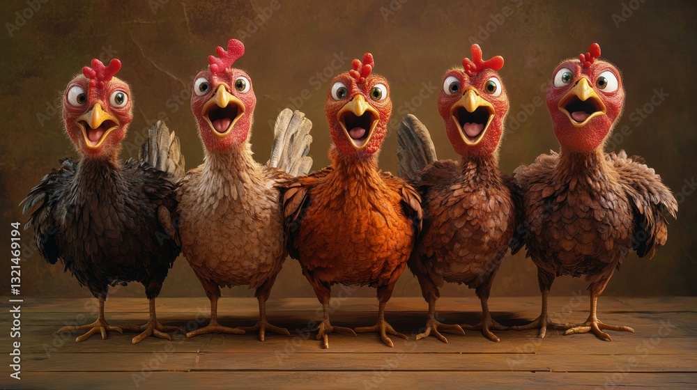 Fototapeta premium Five Funny Cartoon Chickens on Wood