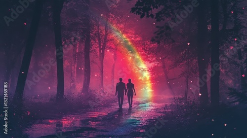 Couple Walking in Magical Forest  Rainbow Path  Hearts
