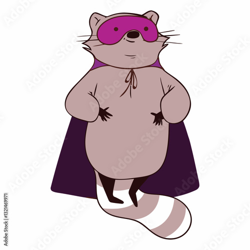 Super Raccoon Hero: An endearing raccoon character dons a super hero cape and eye mask, ready for adventure in a charming cartoon illustration.