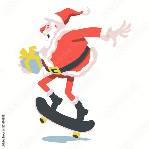 Santa's Skate Adventure: Santa Claus is captured mid-trick on a skateboard, his red suit and jolly demeanor contrasting with the urban backdrop as he carries a gift.