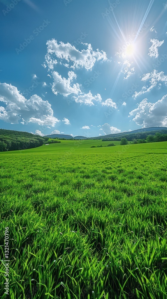 Fototapeta premium Sunny meadow landscape with hills, bright sky