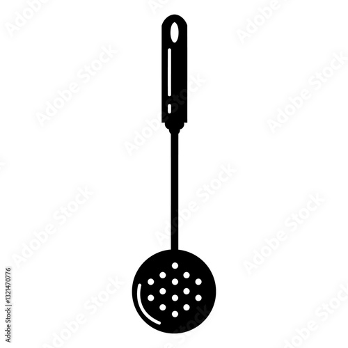 Spoon Silhouette: A minimalist, high-contrast silhouette of a kitchen utensil, a slotted spoon, designed for straining and scooping.