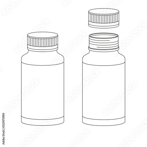 Jar of pills with closed and open lids. Outline vector illustration isolated on white background