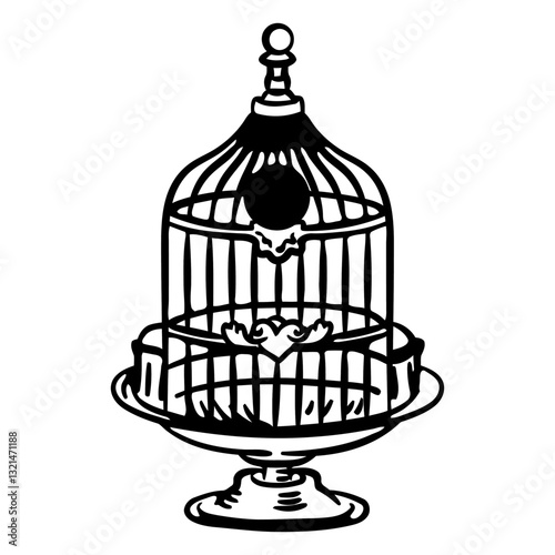 Empty Bird Cage: A classic and detailed line drawing showcases an empty birdcage, symbolizing freedom and confinement. Evoking a sense of contemplation.