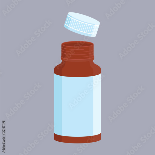 Jar of pills with opened lid. Flat vector illustration isolated on gray background