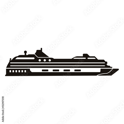 Cruise Ship Icon: A sleek, modern cruise ship, depicted in a minimalist black silhouette against a white background, represents travel, exploration, and luxury voyages.