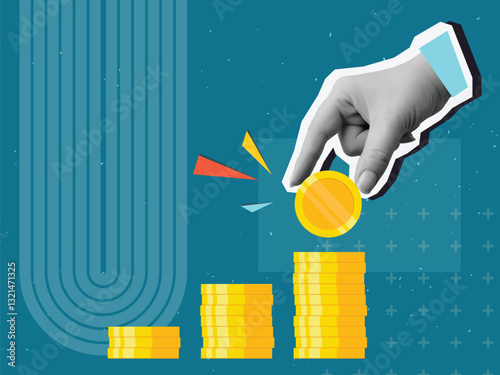 The hand places the coin in the highest pile in the row. Modern photo collage style. Vector illustration