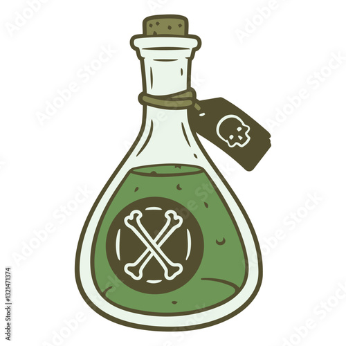 Mysterious Concoction: A curious potion, depicted in a detailed illustration, showcases a vividly green liquid housed in a vintage vial adorned with a skull and crossbones.