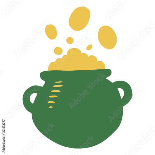Leprechaun's Treasure: A whimsical illustration of a classic leprechaun's pot overflowing with glistening gold coins, symbolizing luck, fortune, and the magic of folklore.