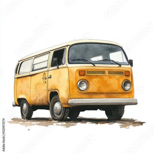 Watercolor painting of a vintage yellow camper van on a white background. The van is shown in three quarter view, with details of its design and weathering visible. 