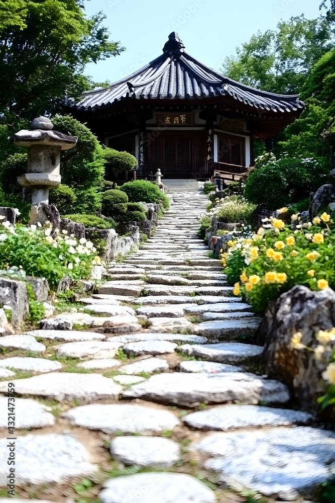Stone steps ascend to a traditional gazebo nestled amidst lush greenery and blooming flowers Stone steps ascend to a traditional gazebo nestled amidst lush greenery and blooming flowers
