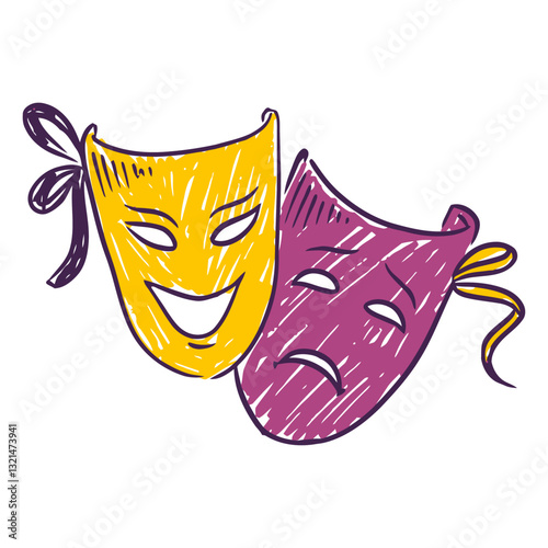 Comedy and Tragedy Masks: A colorful, hand-drawn illustration depicts the classic comedy and tragedy masks, each bearing expressions of joy and sorrow.