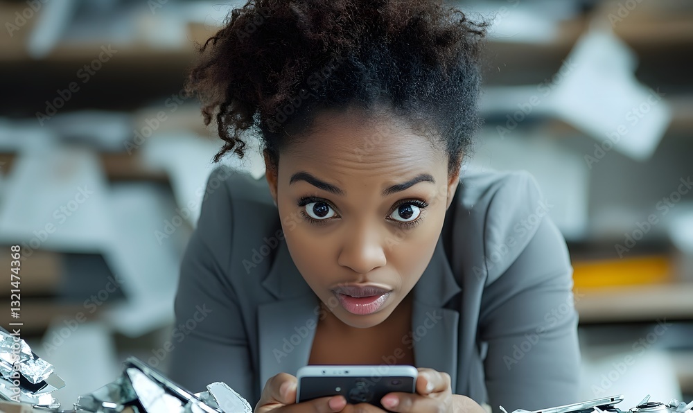 a woman looking shocked while holding a phone. a woman looking shocked while holding a phone.