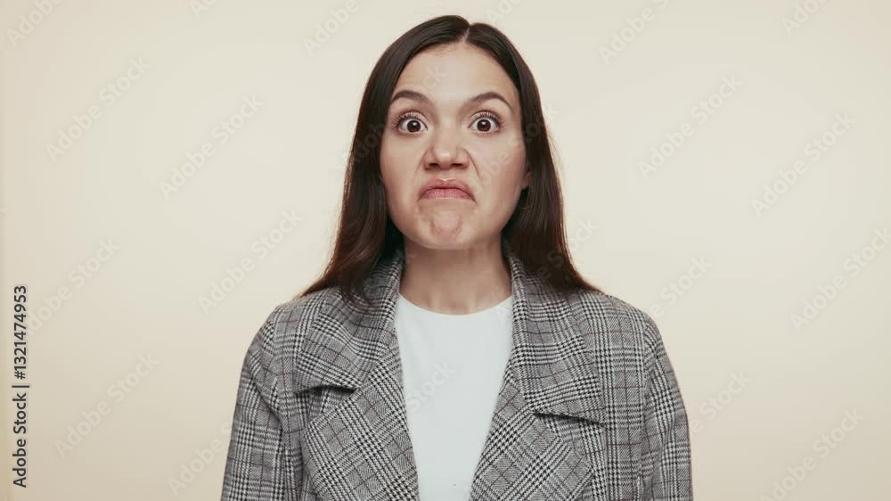 Young brunette in her 20s displaying a comedic angry expression, dressed in a checkered blazer against a beige background. Young brunette in her 20s displaying a comedic angry expression, dressed in a checkered blazer against a beige background.