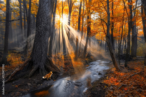 Sunlit autumn forest with red fox