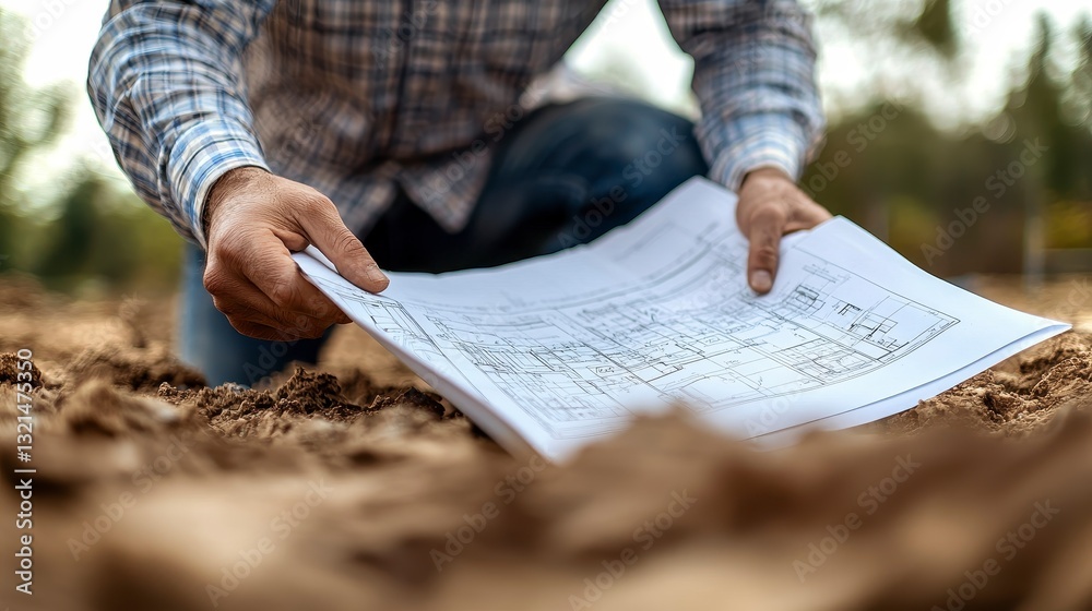 Naklejka premium Engineers Reviewing Blueprints on Ground at Construction Site