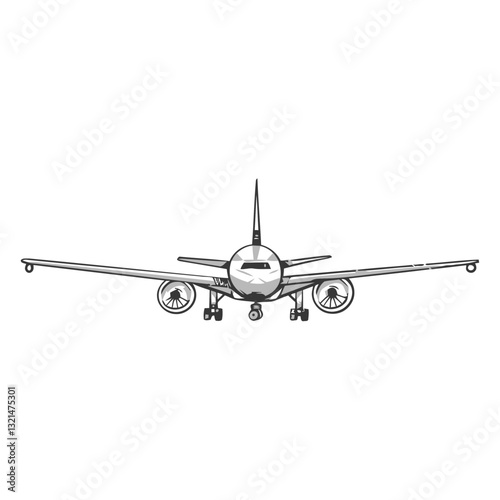 Frontal Airplane View : A detailed pencil-sketch illustration showcases the imposing front view of a modern passenger airliner against an open canvas.